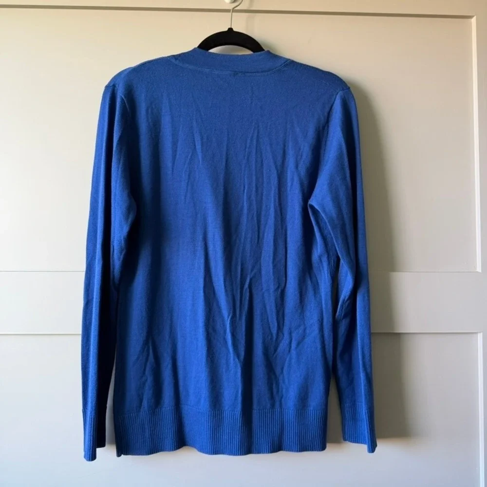 Tory Burch Cardigan Women Large Blue Merino Wool Logo Button V-Neck Sweater